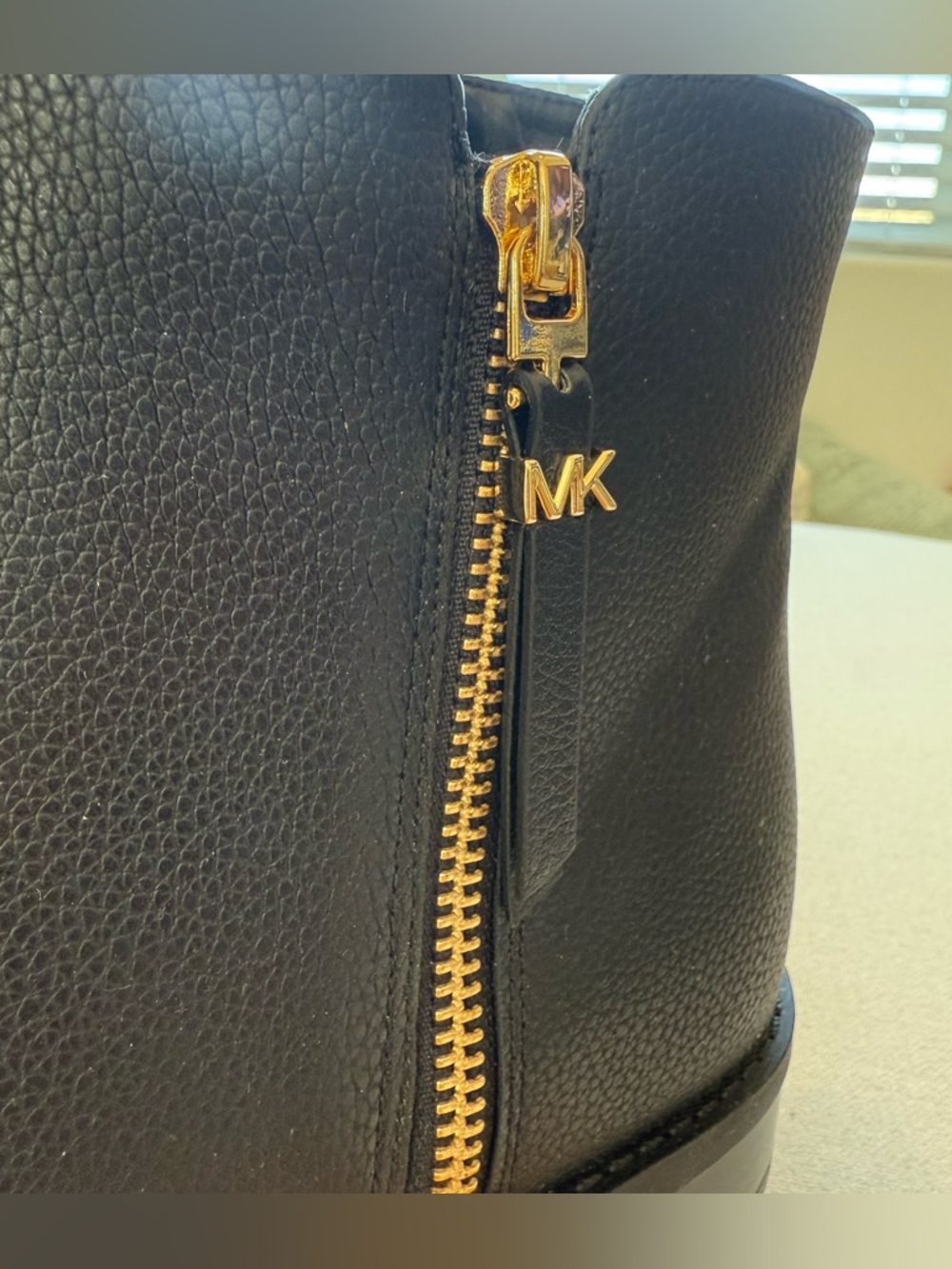 Michael Kors Britt Black Pebbled Faux Leather Ankle Boot Bootie with Gold Zipper - Picture 2 of 13